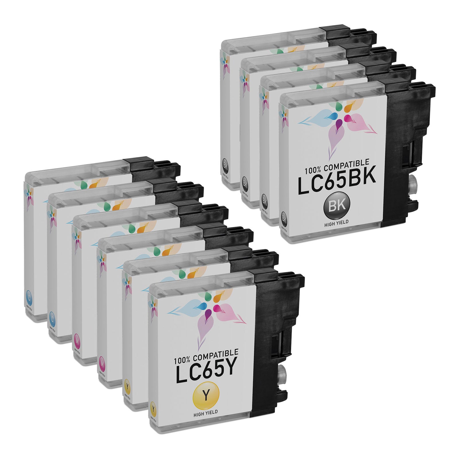 Set of 10 Compatible Brother LC65 High Yield Ink Cartridges (Multi-Color)
