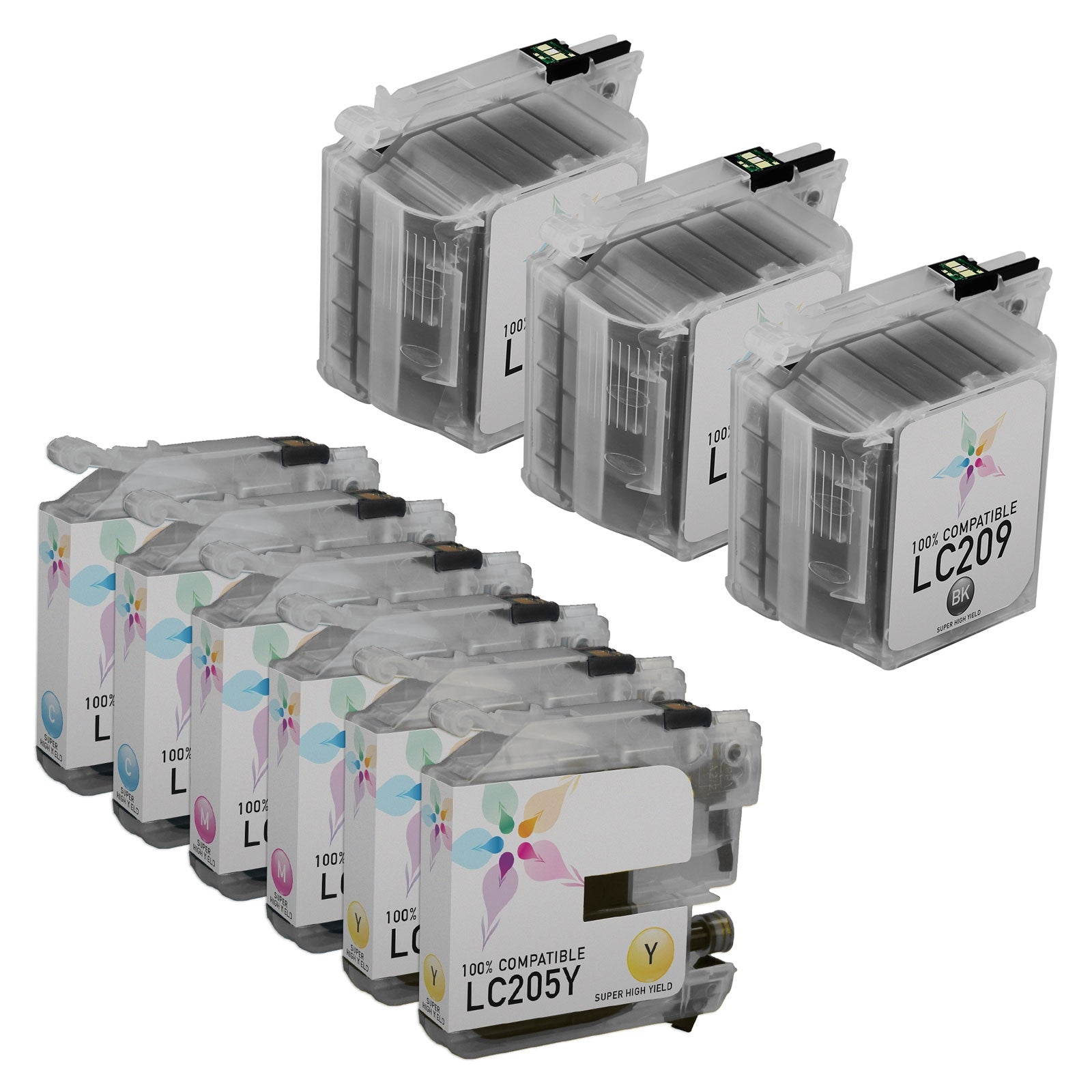 Set of 9 Compatible Brother LC209 and LC205 High Yield Ink Cartridges (3 Black, 2 Cyan, 2 Magenta, 2 Yellow)