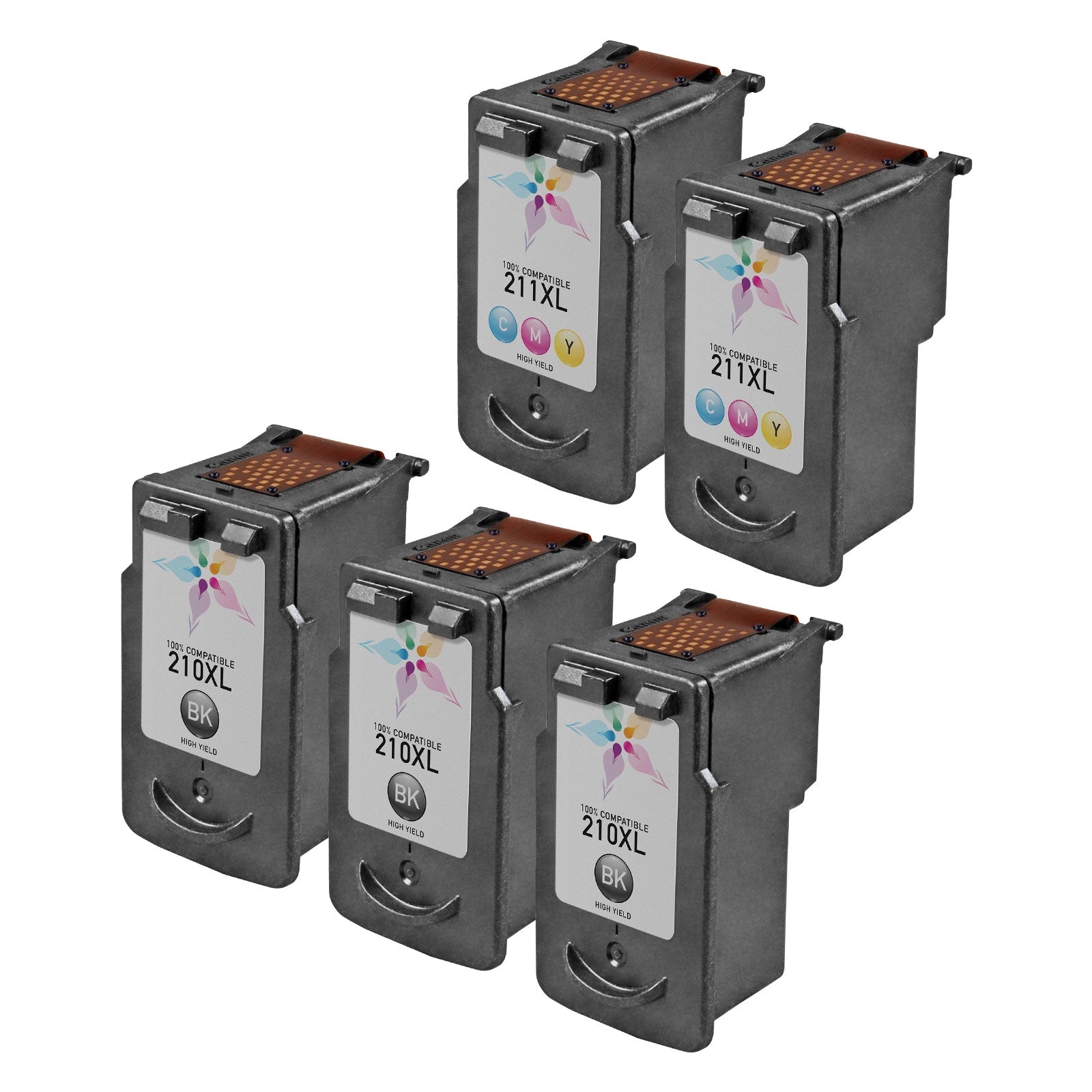 Set of 5 Remanufactured Canon PG-210XL & CL-211XL High Yield Ink Cartridges (3 Black, 2 Tri-Color)