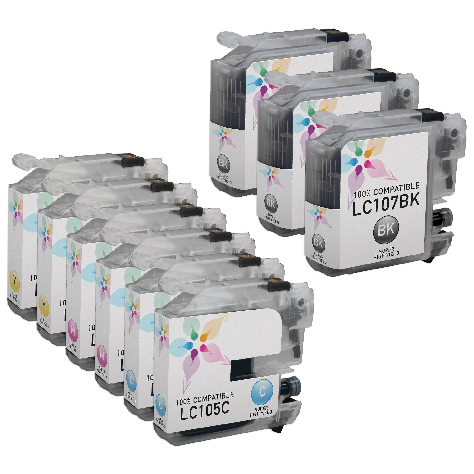 Set of 9 Compatible Brother LC107 and LC105 Ink Cartridges (3 Black, 2 Cyan, 2 Magenta, 2 Yellow)