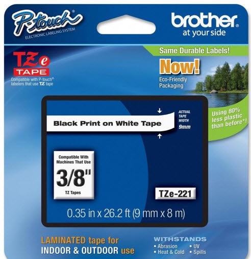 OEM Brother TZe221 Black on White Tape (3/8")