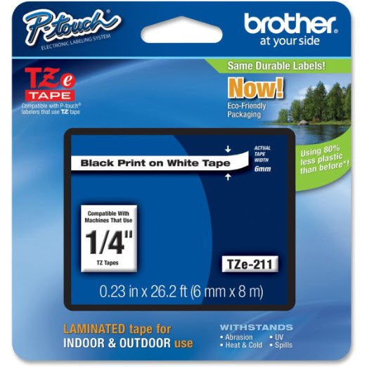 OEM Brother TZe211 Black on White Tape (1/4")