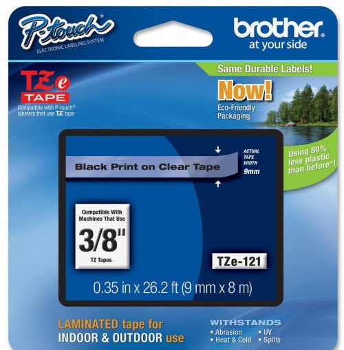 OEM Brother TZe121 Black on Clear Tape (3/8")