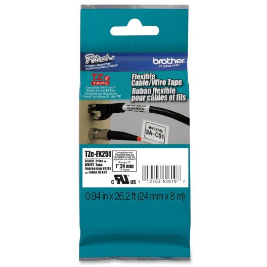 OEM Brother TZeFX251 Black on White Tape (1")
