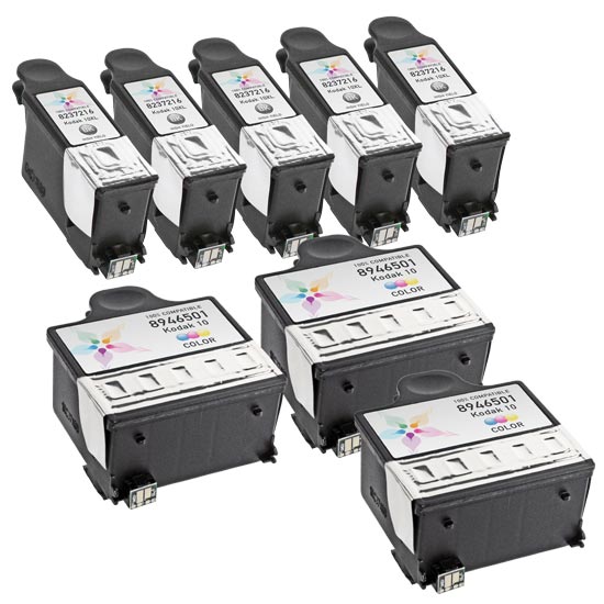 Set of 8 Compatible Kodak #10 Ink Cartridges (5 Black, 3 Color)