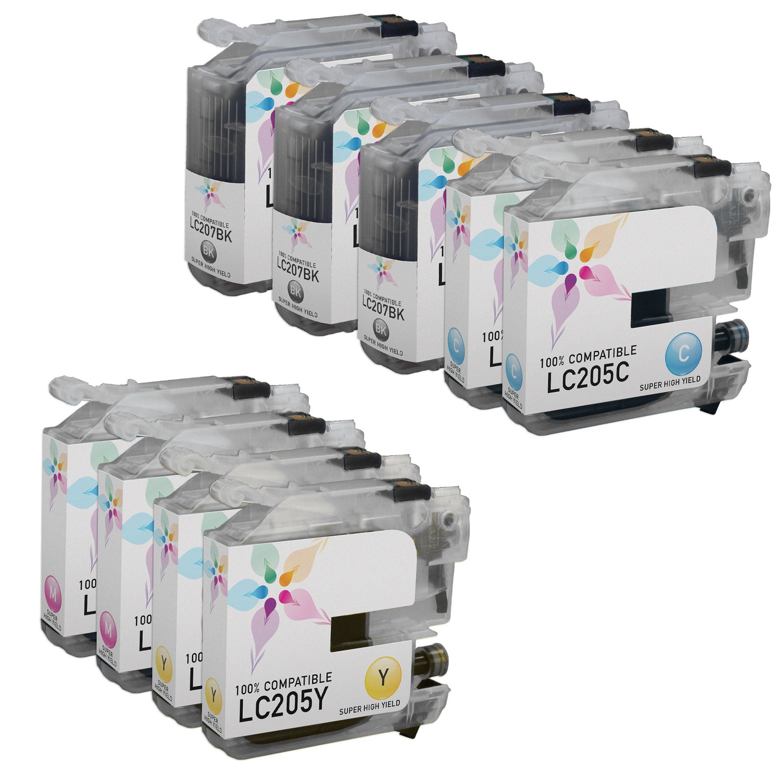 Set of 9 Compatible Brother LC205/207 High Yield Ink Cartridges (3 Black, 2 Cyan, 2 Magenta, 2 Yellow)