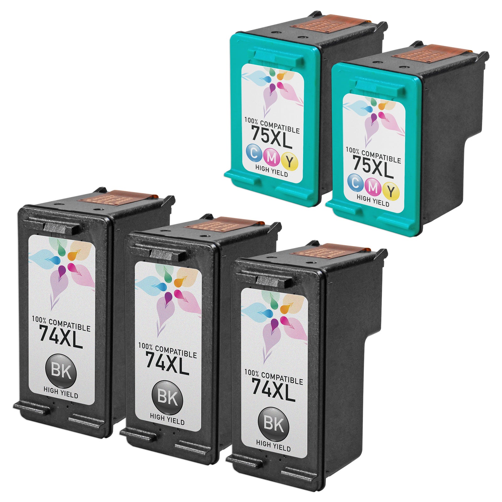 Set of 5 Remanufactured HP 74XL & 75XL Ink Cartridges (3 Black, 2 Color)