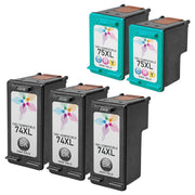 Set of 5 Remanufactured HP 74XL & 75XL Ink Cartridges (3 Black, 2 Color)