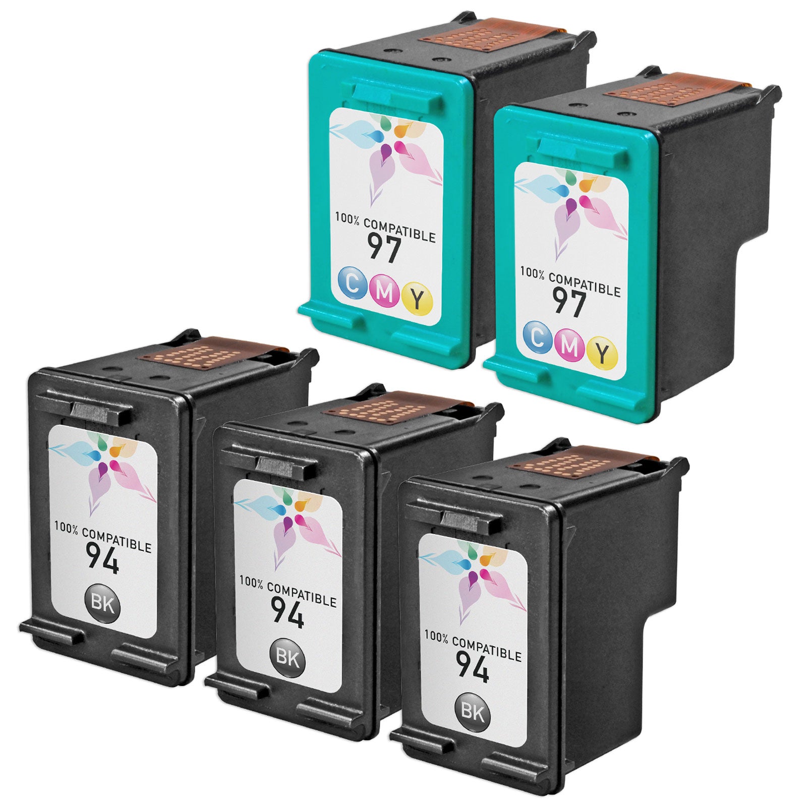 Set of 5 Remanufactured HP 94 & 97 Ink Cartridges (3 Black, 2 Color)