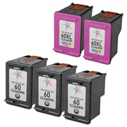 Set of 5 Remanufactured HP 60 Ink Cartridges (3 Black, 2 Color)