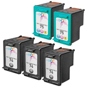 Set of 5 Remanufactured HP 74 & 75 Ink Cartridges (3 Black, 2 Color)