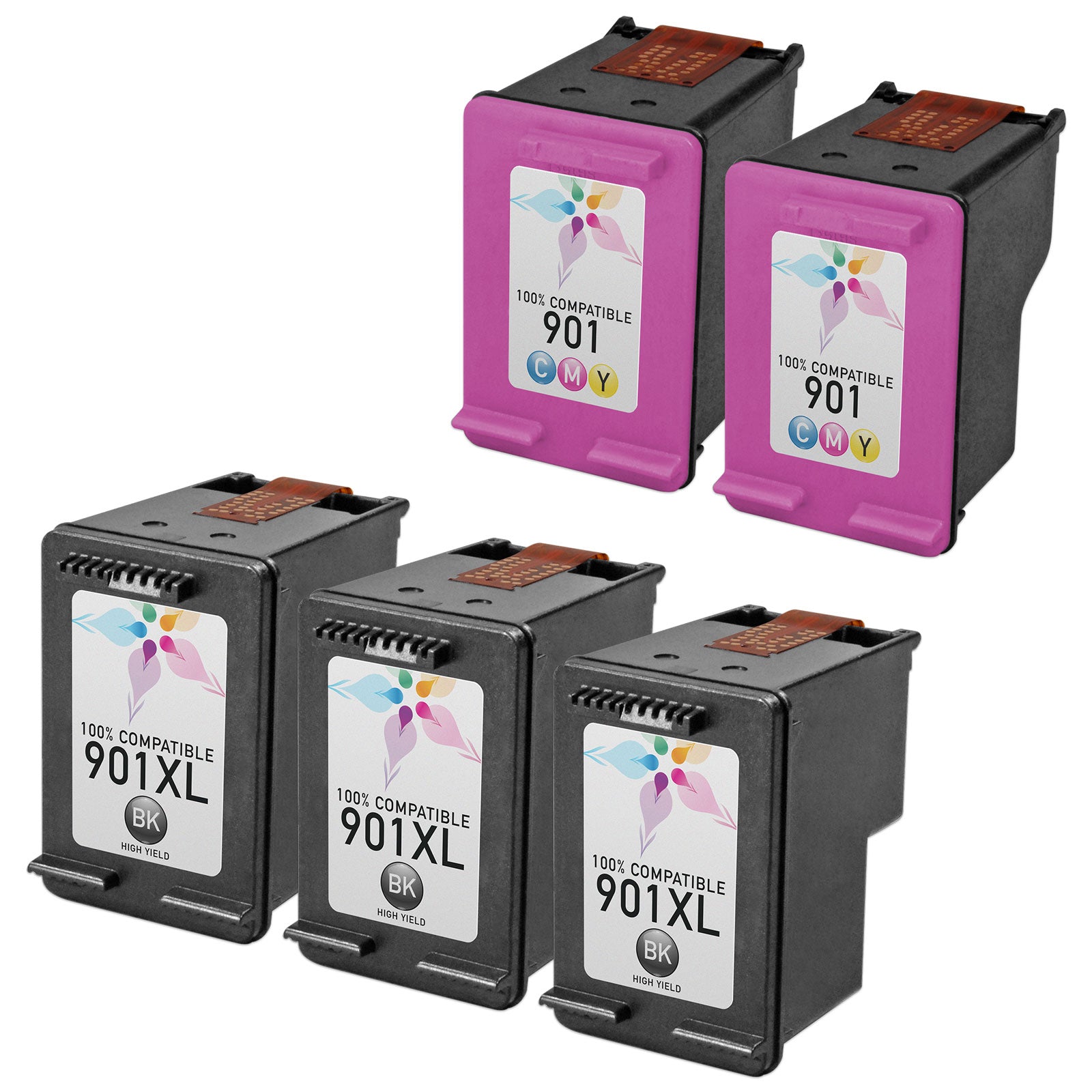 Set of 5 Remanufactured HP 901XL Black and Color Ink Cartridges