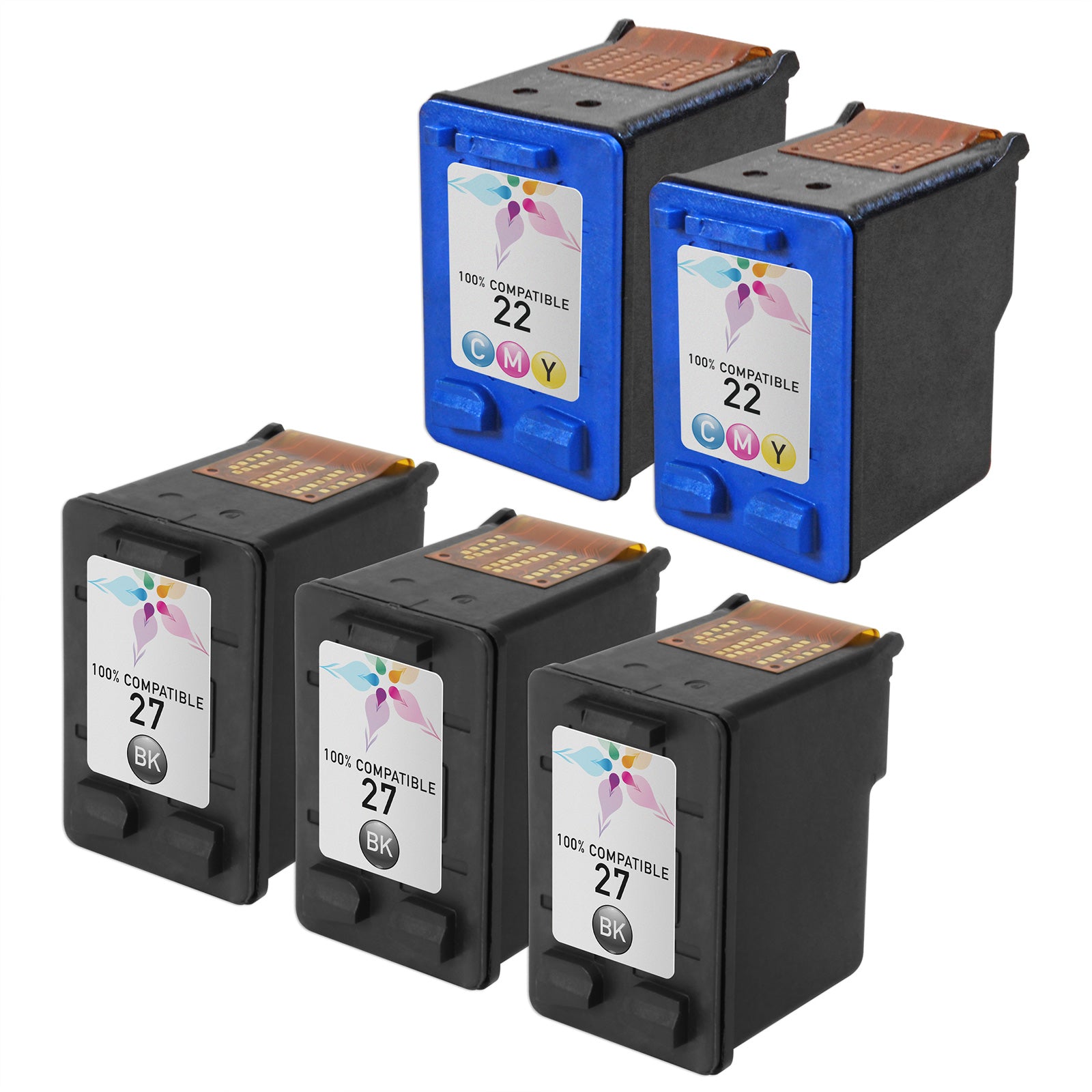 Set of 5 Remanufactured HP 27 (C8727AN) & HP 22 (C9352AN) Ink Cartridges