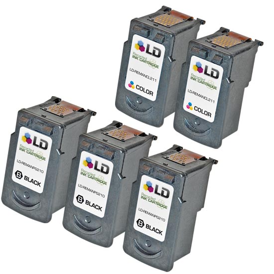Set of 5 Remanufactured Canon PG-210 and CL-211 Ink Cartridges