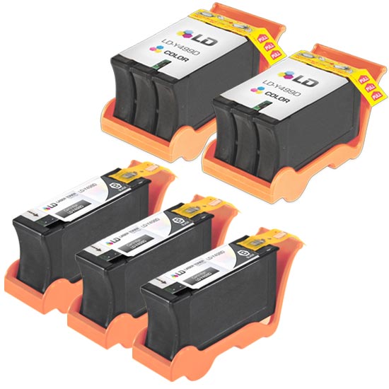 Set of 5 Remanufactured Dell Y498D Black and Y499D Color Ink Cartridges