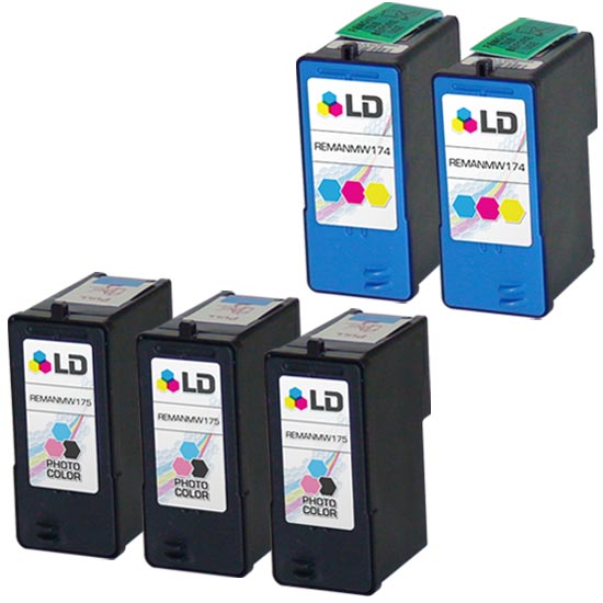 Set of 5 Remanufactured Dell MW175 Black and MW174 Color Ink Cartridges
