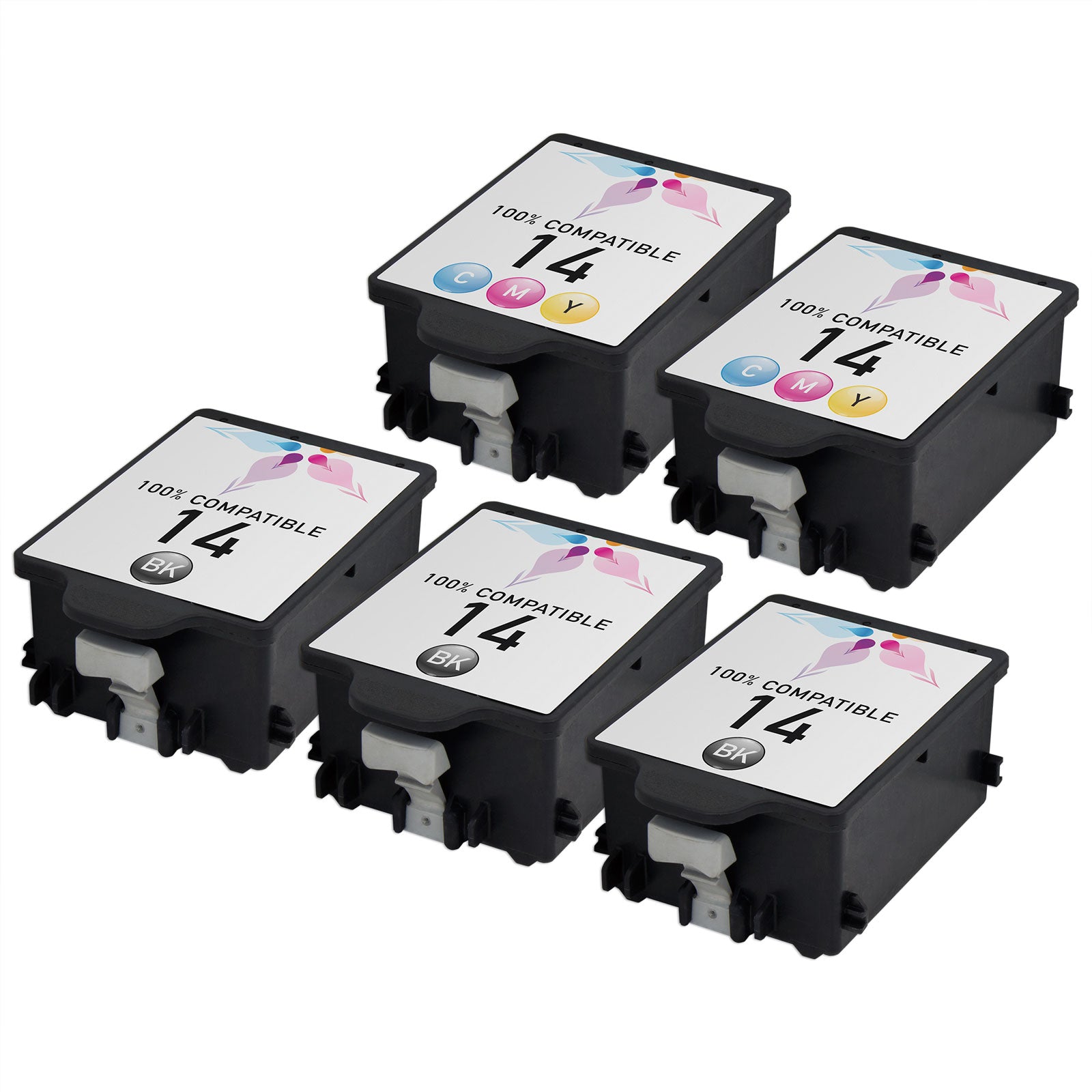 Set of 5 Remanufactured HP 14 Ink Cartridges (3 Black, 2 Color)