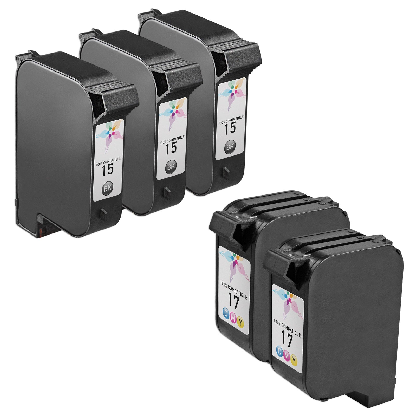 Set of 5 Remanufactured HP 15 & 17 Ink Cartridges (3 Black, 2 Color)