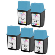 Set of 5 Remanufactured HP 29 & 49 Ink Cartridges (3 Black, 2 Color)