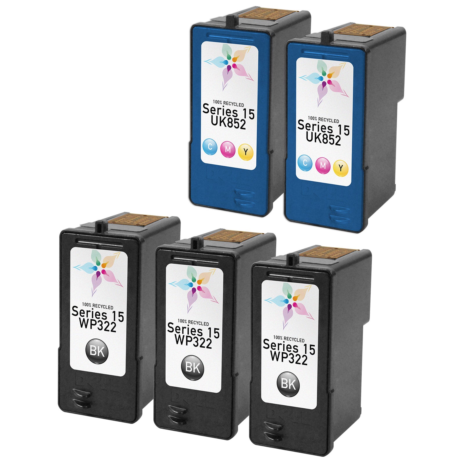 Set of 5 Remanufactured Dell Ink Cartridges (3 Black, 2 Color)