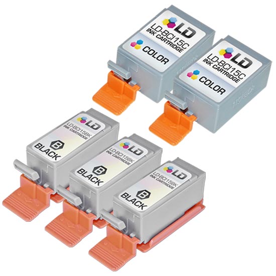 Set of 5 Compatible Canon BCI-15 Ink Cartridges (3 Black, 2 Color)