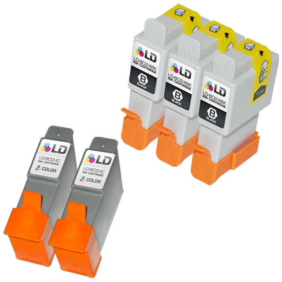 Set of 5 Remanufactured Canon BCI24 Ink Cartridges (3 Black, 2 Color)