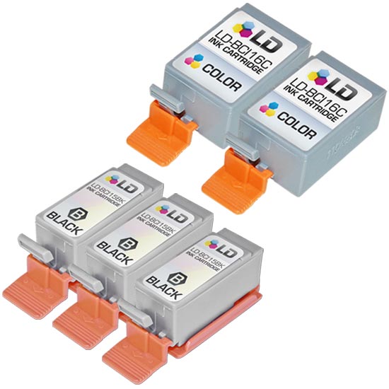 Set of 5 Remanufactured Canon BCI15BK Black and BCI16C Color Ink Cartridges