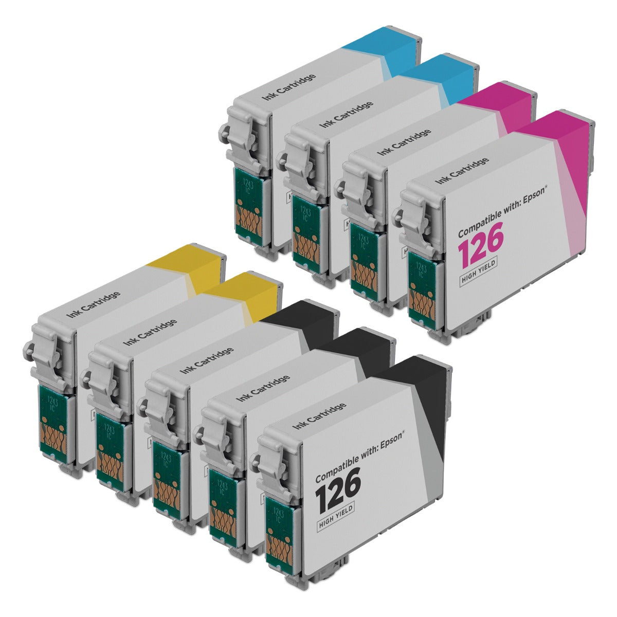 Set of 9 Remanufactured Epson T126 High Yield Ink Cartridges (3 Black, 2 Cyan, Magenta, Yellow)