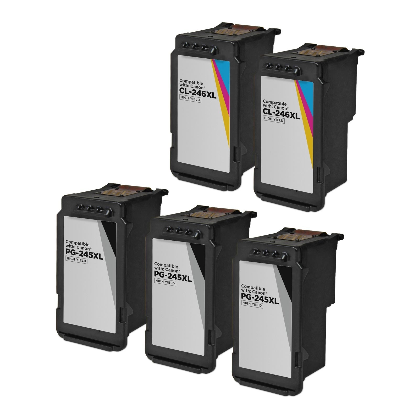 Set of 5 Remanufactured Canon PG-245XL/CL-246XL High Yield Ink Cartridges (Black and Color)