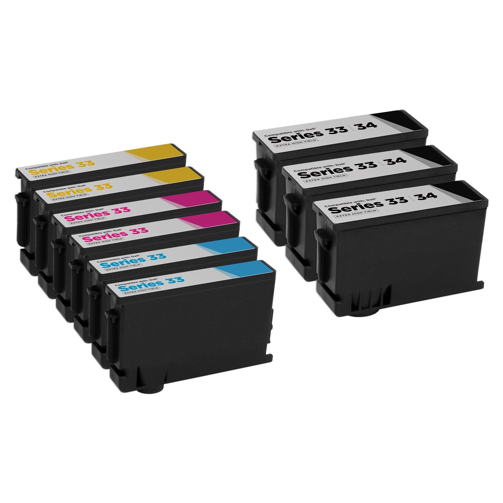 Compatible Set of 9 Dell Series 33/34 Extra High Yield Ink Cartridges (Multi Color)