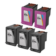 Set of 5 Remanufactured HP 61XL Ink Cartridges (3 Black, 2 Color)