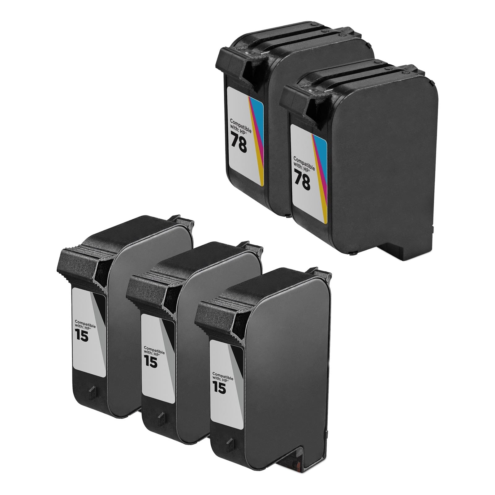 Set of 5 Remanufactured HP 15 & 78 Ink Cartridges (3 Black, 2 Color)
