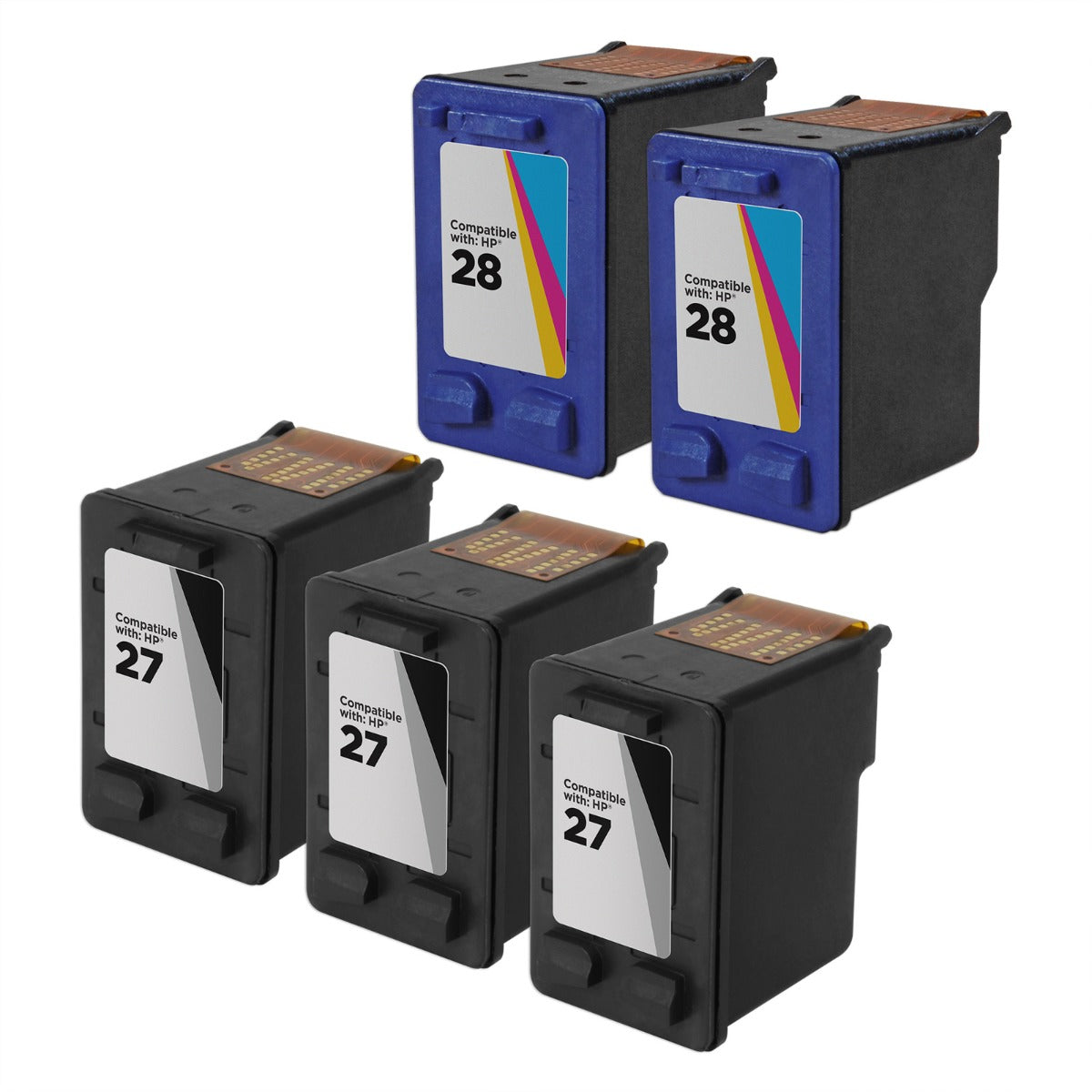 Set of 5 Remanufactured HP 27 & 28 High Yield Ink Cartridges (3 Black, 2 Color)