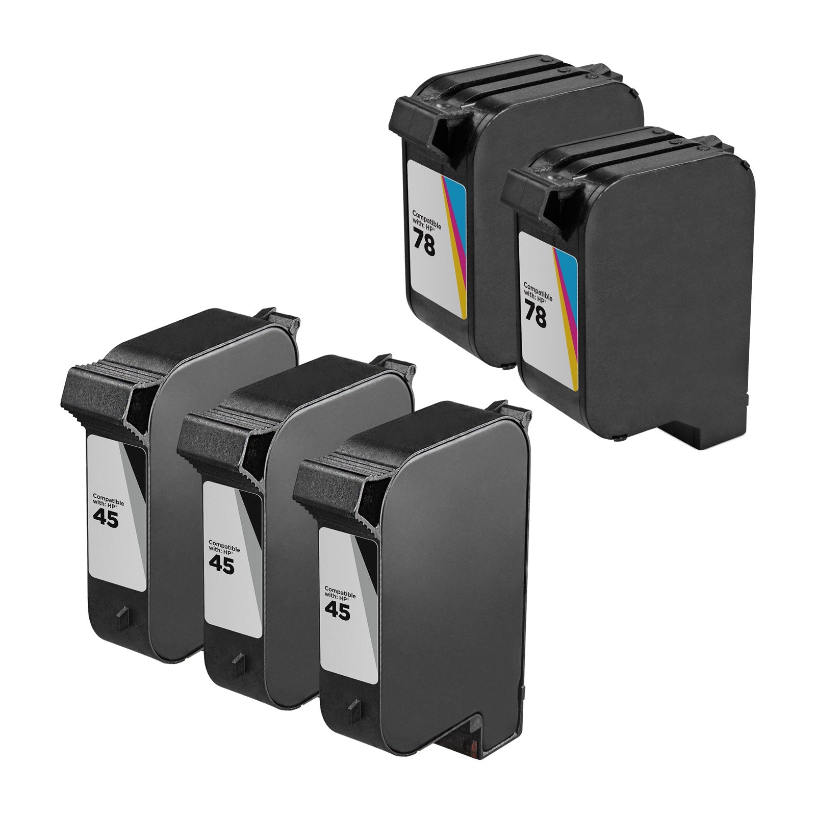 Set of 5 Remanufactured HP 45 & 78 Ink Cartridges (3 Black, 2 Color)