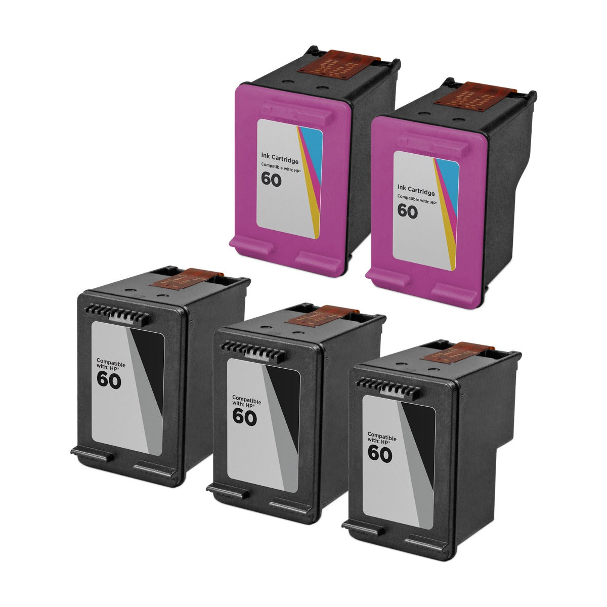 Set of 5 Remanufactured HP 60 Ink Cartridges (3 Black CC640WN, 2 Color CC643WN)