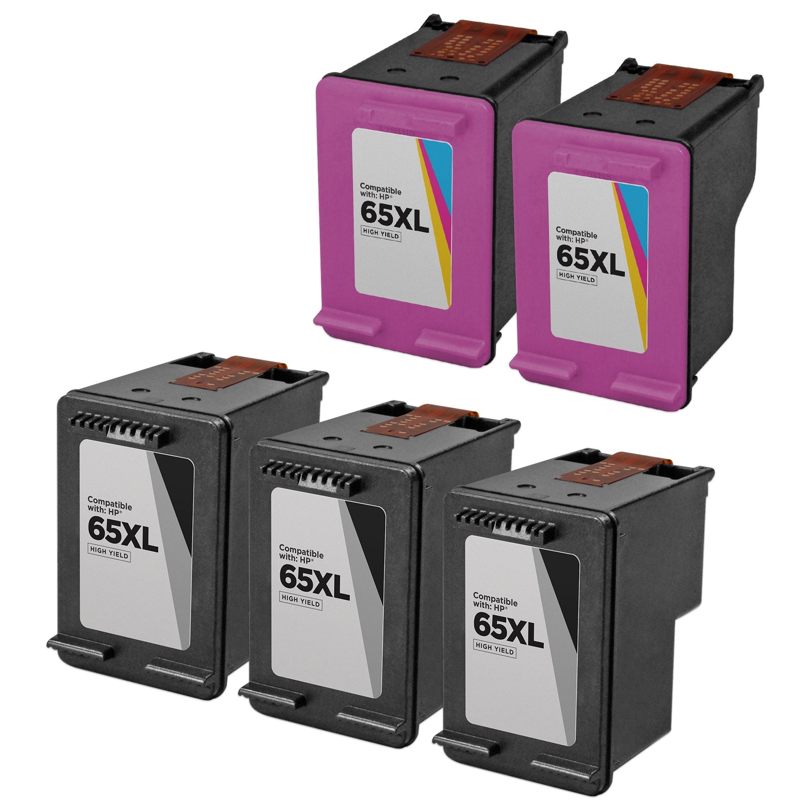 Set of 5 Remanufactured HP 65XL Black & Color Ink Cartridges (1,500 Pages)