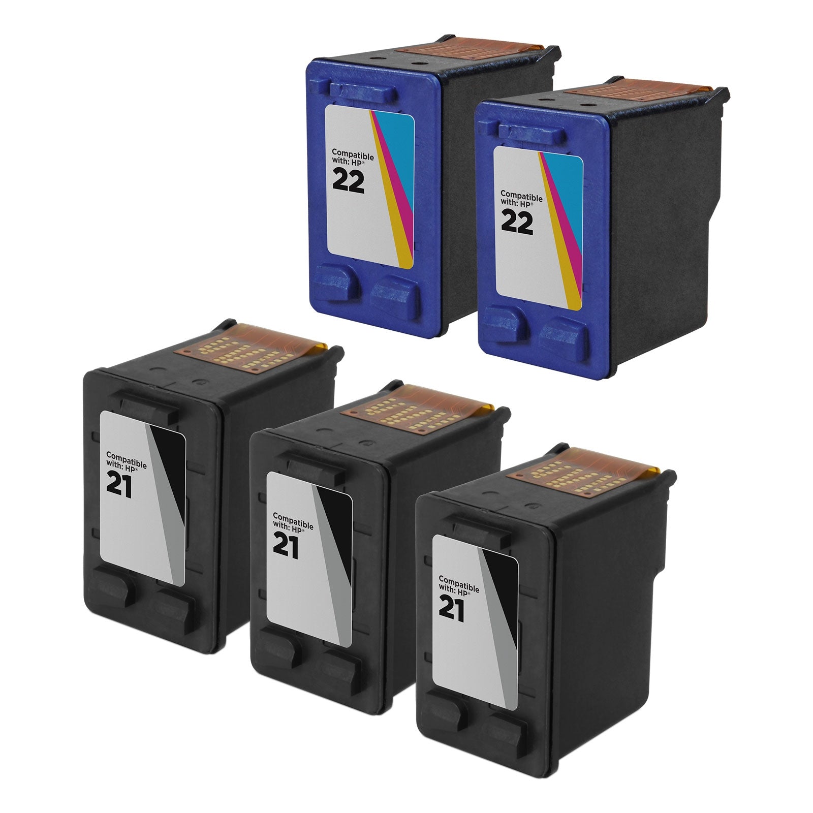 Set of 5 Remanufactured HP 21 & 22 Ink Cartridges (3 Black, 2 Color)