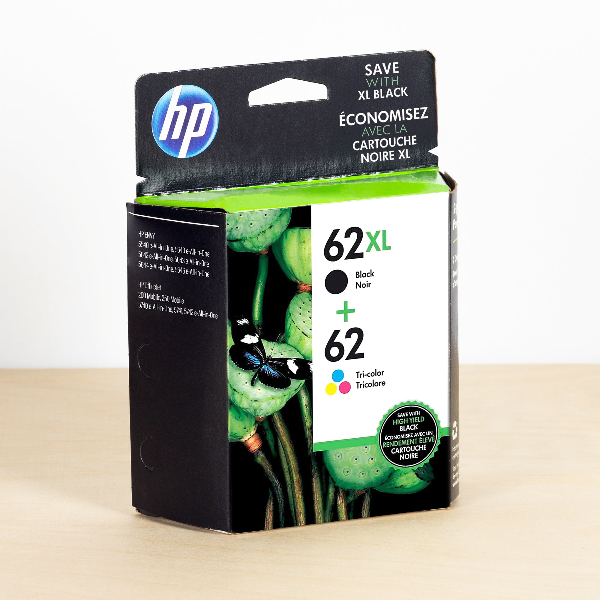 OEM HP 62XL/62 Black High Yield and Tri-Color Standard Yield Ink Cartridge (600 Pages)